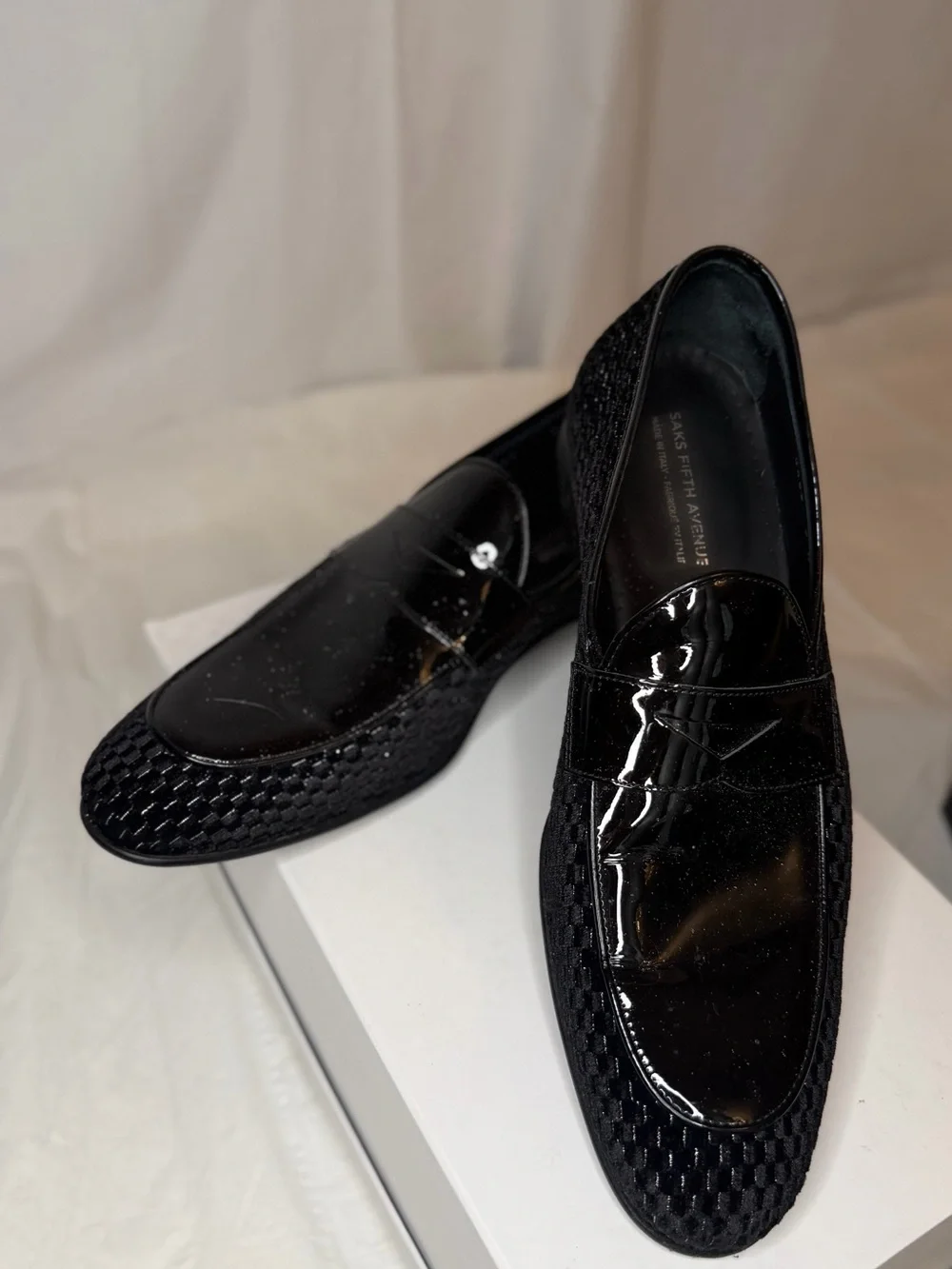 Saks Fifth Avenue Black Patent Leather Woven-Trim Penny Loafers